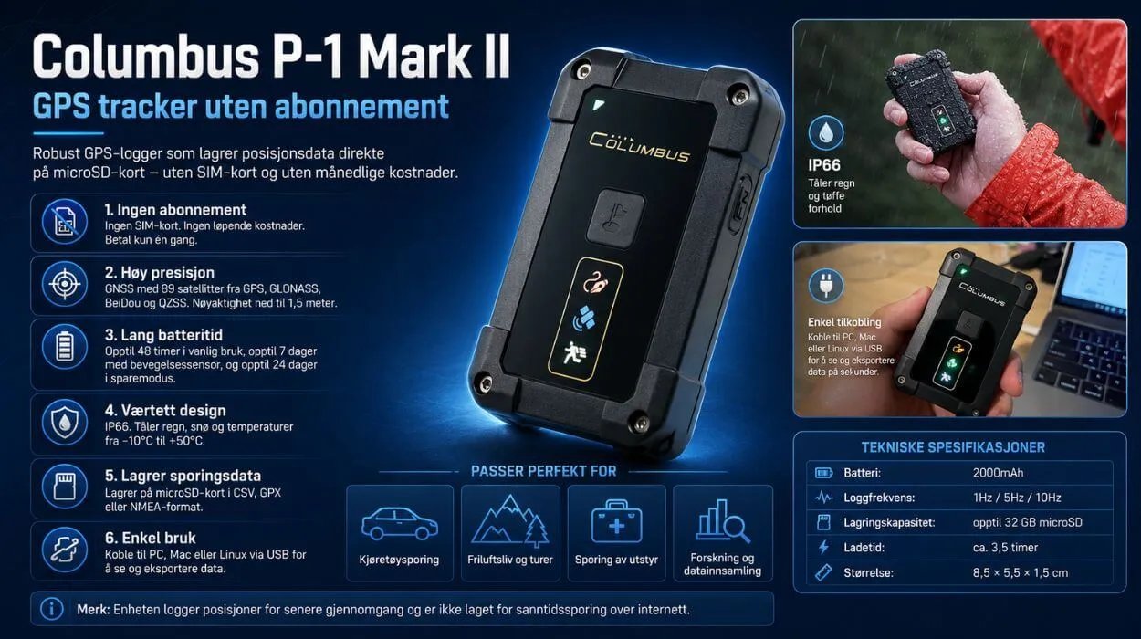 Infografikk av Columbus P-1 Mark II - GPS Tracker uten abonnement