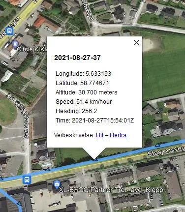 På Google map vises GPS data: Longitude, Latitude, Altitude, Speed, dato og klokkeslett