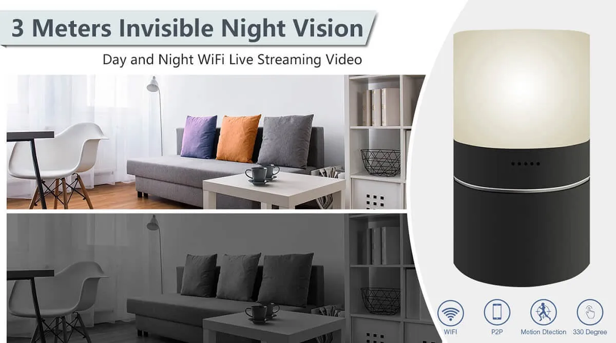 Nattsyn wifi spionkamera i bordlampe